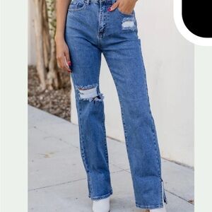 Pink Lily Blue Distressed Straight Leg Jeans